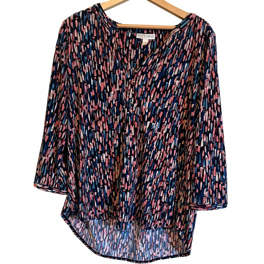 Dana Buchman Abstract Print Henley Blouse Pink Blue 3/4 Sleeve Top Womens Large
